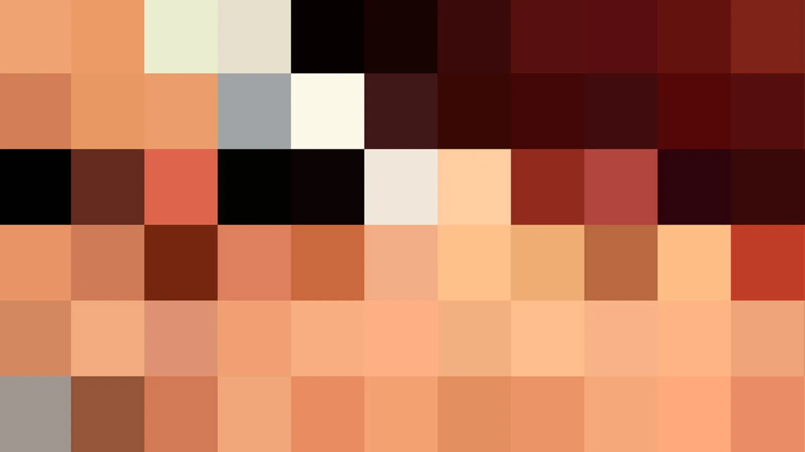 Abstraktes Mosaik aus quadratischen Pixelblöcken in Orange, Beige, Rot und Schwarz, in sechs Zeilen angeordnet.