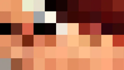 Abstraktes Mosaik aus quadratischen Pixelblöcken in Orange, Beige, Rot und Schwarz, in sechs Zeilen angeordnet.
