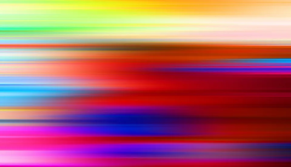 Abstrakte Komposition aus horizontalen, verwischten Farbstreifen in Gelb, Grün, Rot, Blau und Magenta, die von oben nach unten ineinander übergehen.