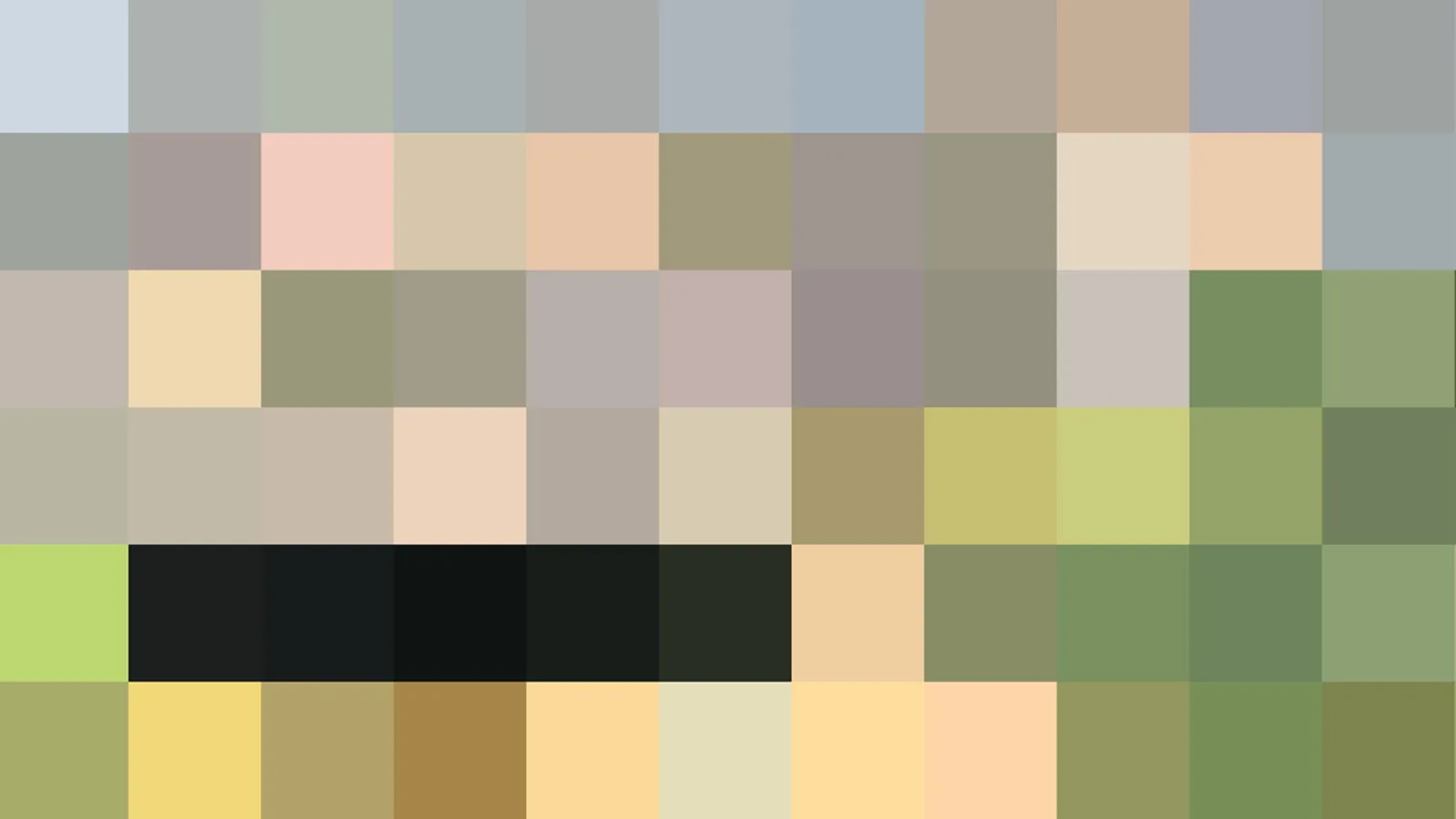 Rasterbild aus kleinen farbigen Blöcken in Grün, Beige, Grau und Schwarz, in sechs Zeilen angeordnet.