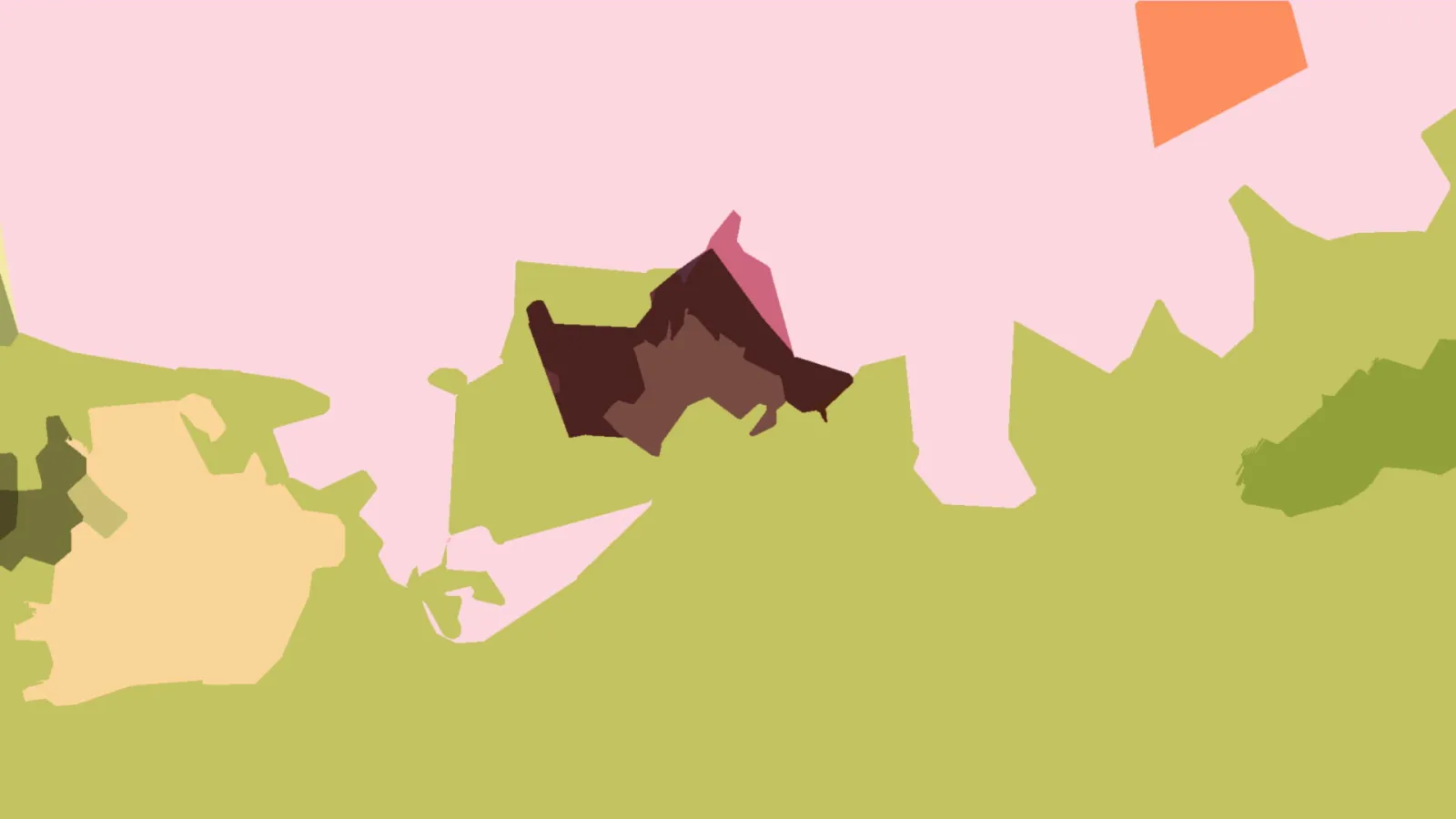 Abstrakte Komposition aus flächigen, unregelmäßigen Formen in Rosa, Olivgrün, Beige und dunklem Braun auf rosa Grund.