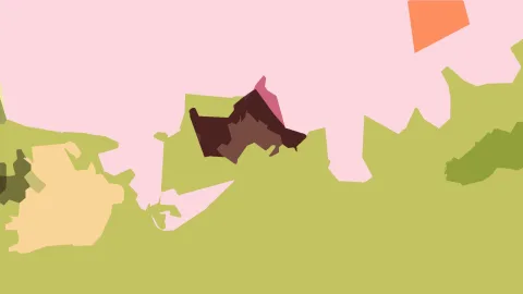 Abstrakte Komposition aus flächigen, unregelmäßigen Formen in Rosa, Olivgrün, Beige und dunklem Braun auf rosa Grund.