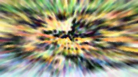Abstrakte Komposition aus bunten Schlieren, die von der Bildmitte nach außen strahlen, grob gerastert.