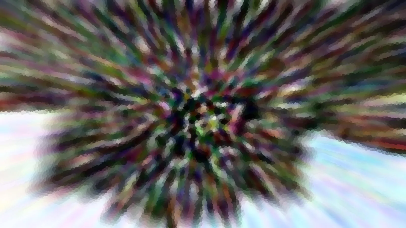 Abstraktes Bild mit bunten, verwischten Streifen, die von einem dunklen Zentrum radial nach außen laufen; unten wird der Hintergrund hell und bläulich-weiß.