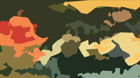 Abstraktes Bild aus unregelmäßigen Flächen in Orange, Rot, Ocker, Olivgrün und Dunkelgrün auf dunklem Grund, links dominiert ein großes orangerotes Feld.