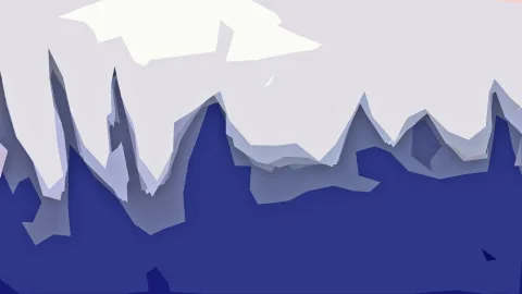 Abstrakte Berglandschaft mit scharfen Graten in Blau- und Grautönen vor hellgrauem Himmel mit weißen Flächen oben links.