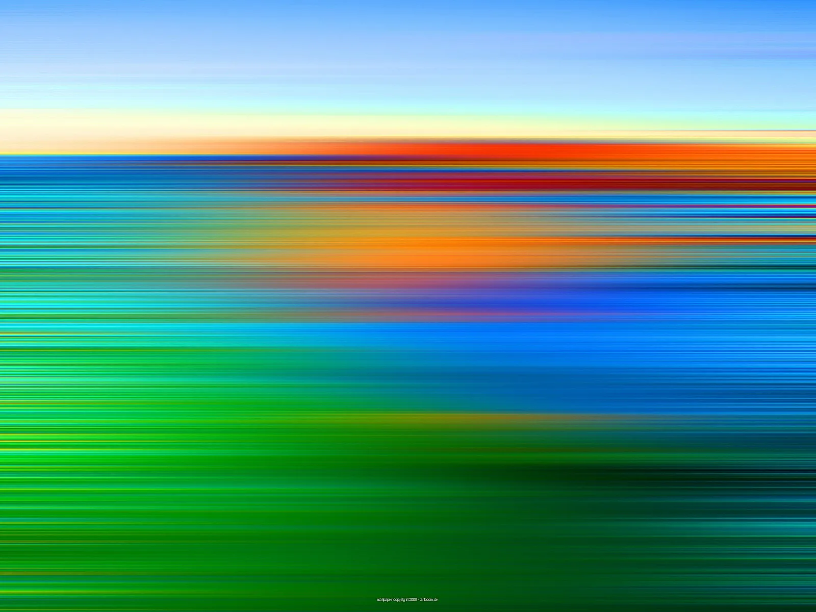 Abstrakte horizontale Farbstreifen, die von hellem Himmelblau über Orange und Rot bis zu dunklem Grün verlaufen, wie ein horizontal verwischtes Foto.