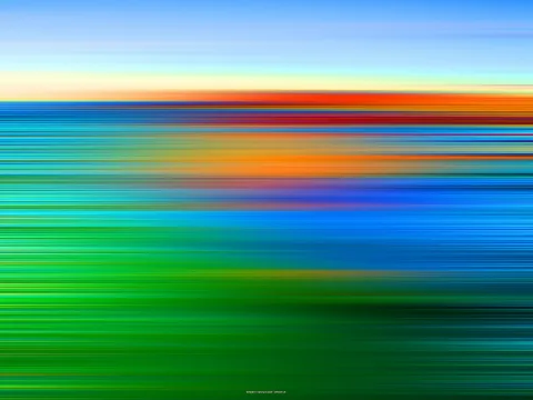 Abstrakte horizontale Farbstreifen, die von hellem Himmelblau über Orange und Rot bis zu dunklem Grün verlaufen, wie ein horizontal verwischtes Foto.