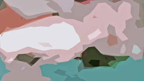 Abstrakte Komposition aus flachen, kantigen Farbflächen in Rosa, Weiß, Grau, Terrakotta, Petrol und Dunkelgrün.