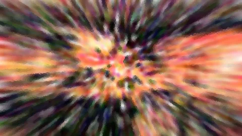 Abstraktes Bild mit radial von der Mitte nach außen laufenden Streifen in Orange, Rosa, Grün und Dunkelviolett, dazwischen mosaikartige Körnung.