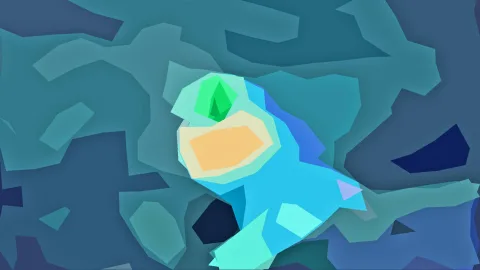 Abstrakte Komposition aus flächigen Formen in Blau- und Türkistönen, im Zentrum eine helle, figurartige Form mit orangefarbenem und grünem Akzent.