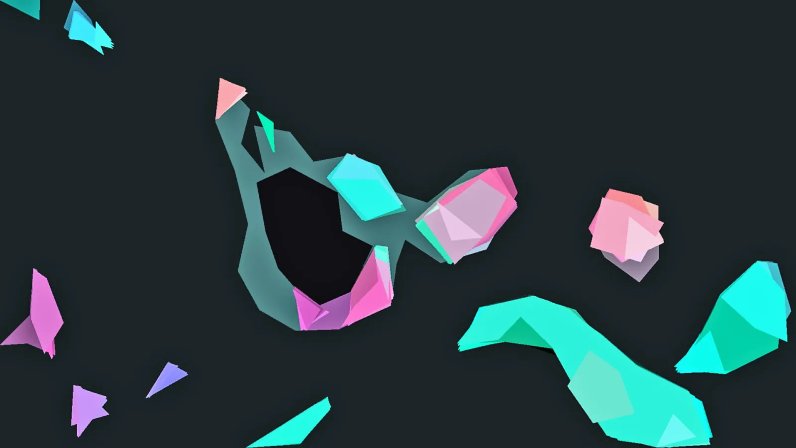 Dunkler Hintergrund mit abstrakten, facettierten Formen in Türkis, Mint, Pink und Lila.