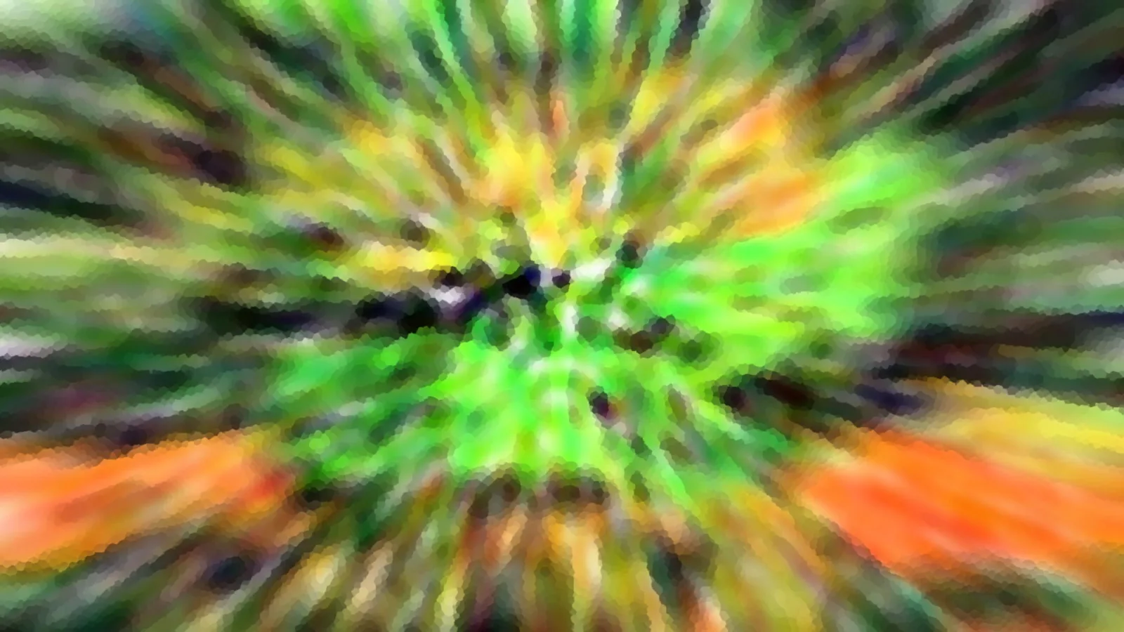 Abstraktes Bild mit radial verlaufenden grünen, gelben und orangefarbenen Schlieren um ein dunkles Zentrum.