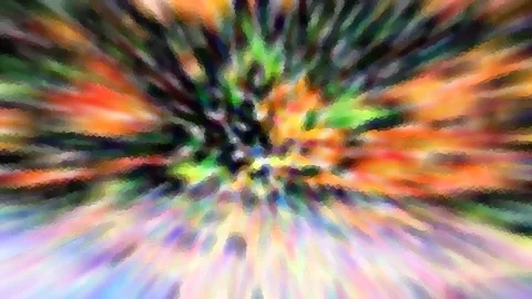 Abstrakte Komposition aus bunten Farbflächen, die vom Zentrum radial nach außen wischen, in Grün, Orange, Rot, Violett und Blau.