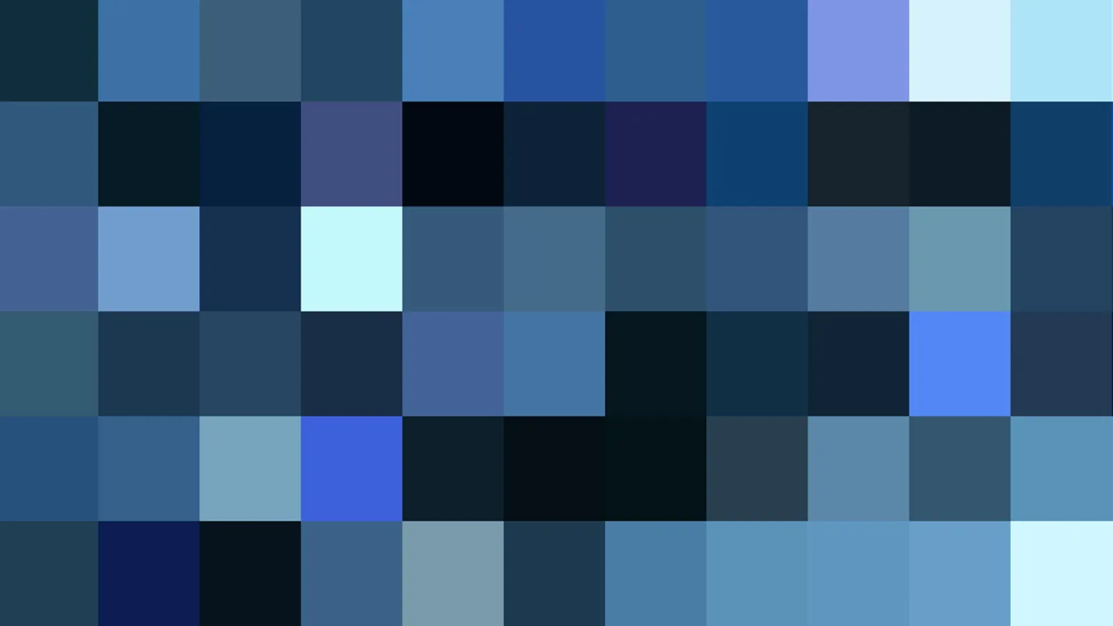 Abstraktes Mosaik aus quadratischen Feldern in verschiedenen Blautönen, von hellem Eisblau bis fast schwarzem Marineblau, in zehn Spalten und sechs Reihen angeordnet.