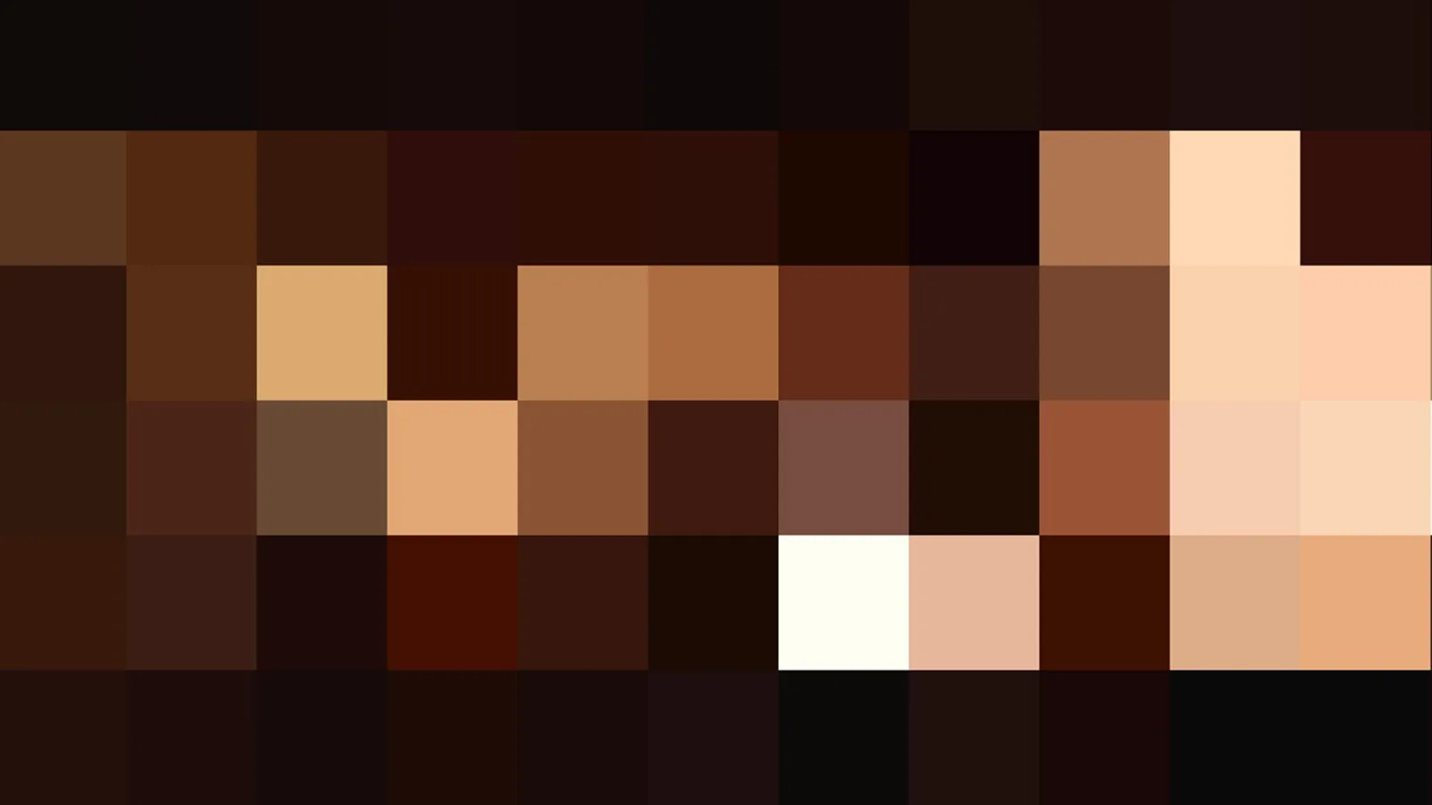 Mosaik aus quadratischen Pixelblöcken in Braun-, Beige- und Hauttönen, oben und unten dunkle Ränder.