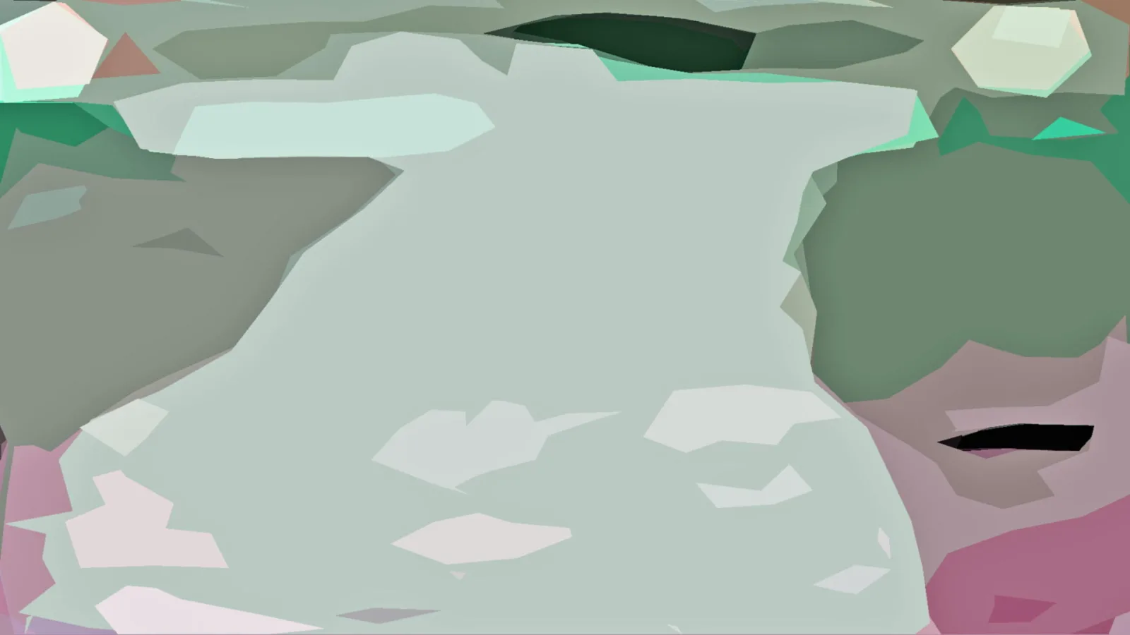 Abstrakte Komposition aus flachen, kantigen Feldern in Grau, Mintgrün, Dunkelgrün und Rosa, mit einer großen hellgrauen Fläche in der Mitte.