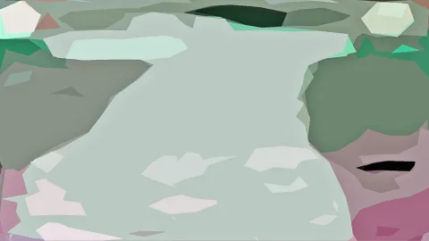 Abstrakte Komposition aus flachen, kantigen Feldern in Grau, Mintgrün, Dunkelgrün und Rosa, mit einer großen hellgrauen Fläche in der Mitte.