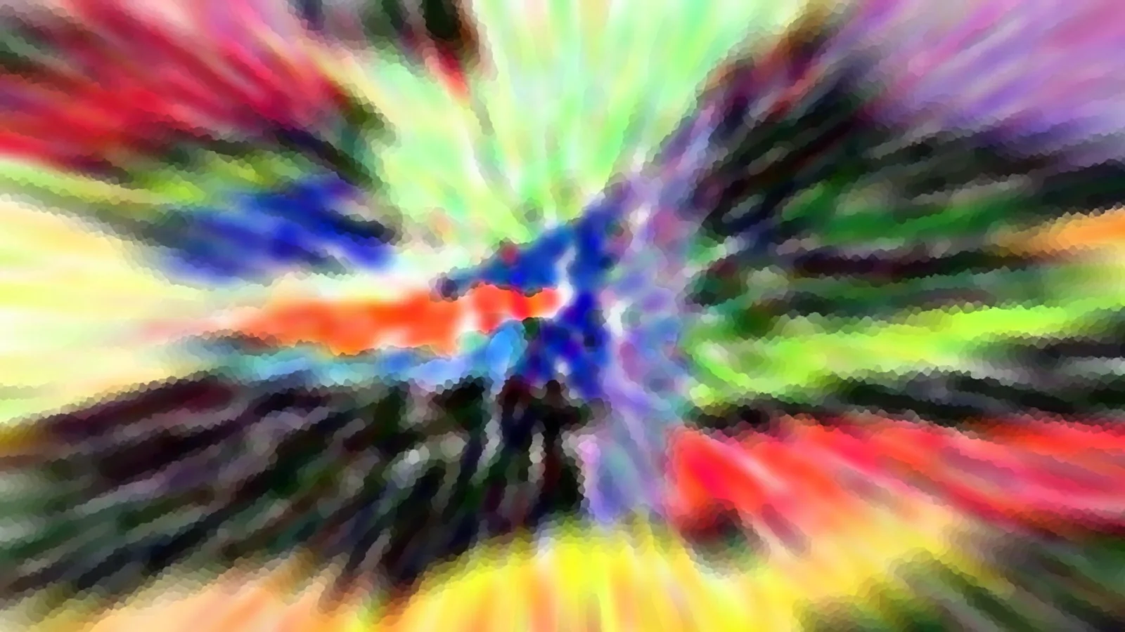 Abstrakte Komposition aus farbigen Streifen in Rot, Gelb, Grün, Blau und Violett, die von einem zentralen Punkt radial nach außen strahlen.