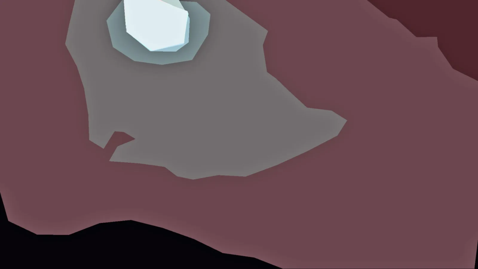 Abstrakte Low-Poly-Grafik mit einem hellen, kristallartigen Objekt oben links vor grauem und rosafarbenem Hintergrund.