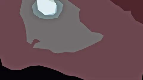Abstrakte Low-Poly-Grafik mit einem hellen, kristallartigen Objekt oben links vor grauem und rosafarbenem Hintergrund.