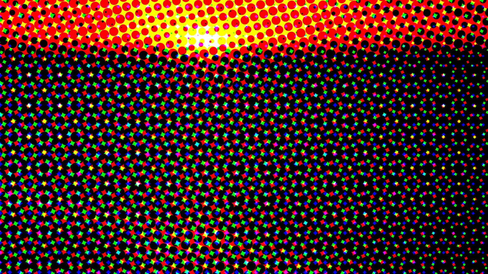 Abstraktes Muster aus Halbtonpunkten: oben leuchtend rot und gelb, darunter bunte Pixelpunkte auf Schwarz.