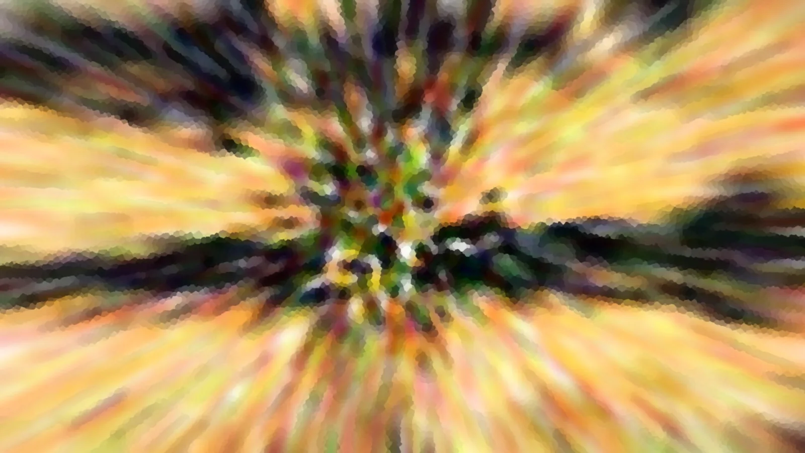 Abstrakte, radial verwischte Komposition mit gelben, orangefarbenen und grünen Streifen, die von einem dunklen, pixeligen Zentrum ausgehen.