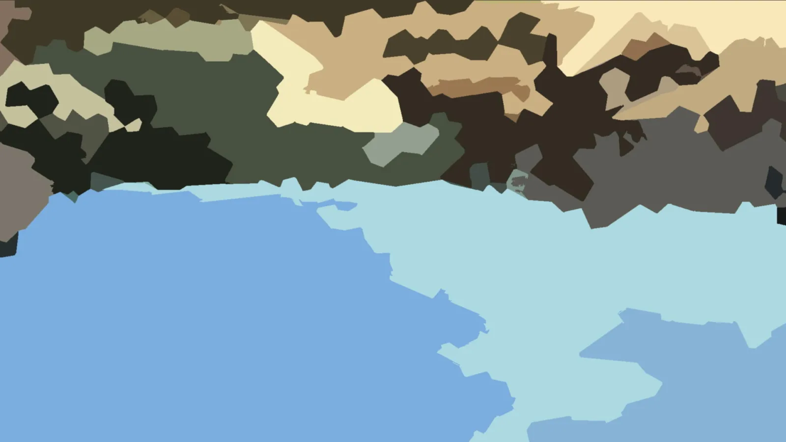 Abstraktes Muster aus flachen, unregelmäßigen Formen in Oliv, Beige, Braun, Grau und Hellblau, unten dominieren zwei Blautöne.
