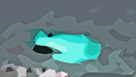 Leuchtend türkise, unregelmäßige Form auf einem grauen Hintergrund aus facettierten Flächen.