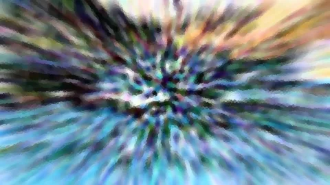 Abstraktes Bild mit verwischten Streifen, die radial von der Mitte nach außen laufen, in Türkis, Blau, Grün und Orange, mit mosaikartiger Pixelstruktur.