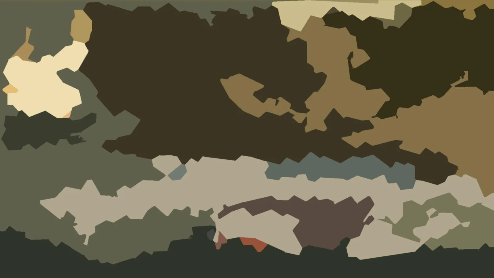 Abstraktes Bild aus unregelmäßigen, kantigen Flächen in Oliv, Beige, Braun und Dunkelgrün, dazu einzelne rostrote und blaugraue Akzente.