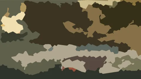 Abstraktes Bild aus unregelmäßigen, kantigen Flächen in Oliv, Beige, Braun und Dunkelgrün, dazu einzelne rostrote und blaugraue Akzente.