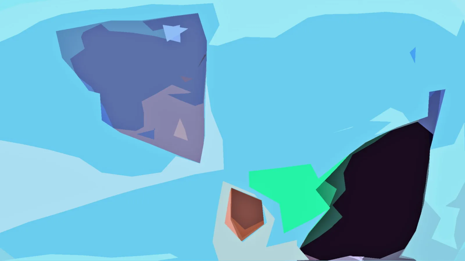 Abstrakte Komposition aus blauen, türkisen und grünen Flächen mit einer großen, fast schwarzen Form rechts und einem braunen Element unten in der Mitte.