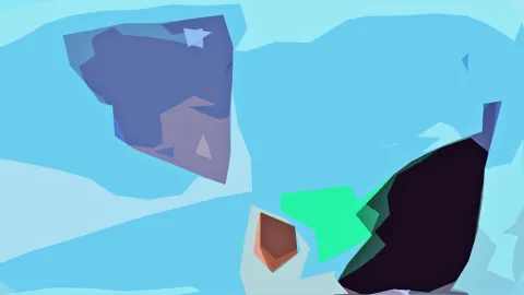 Abstrakte Komposition aus blauen, türkisen und grünen Flächen mit einer großen, fast schwarzen Form rechts und einem braunen Element unten in der Mitte.