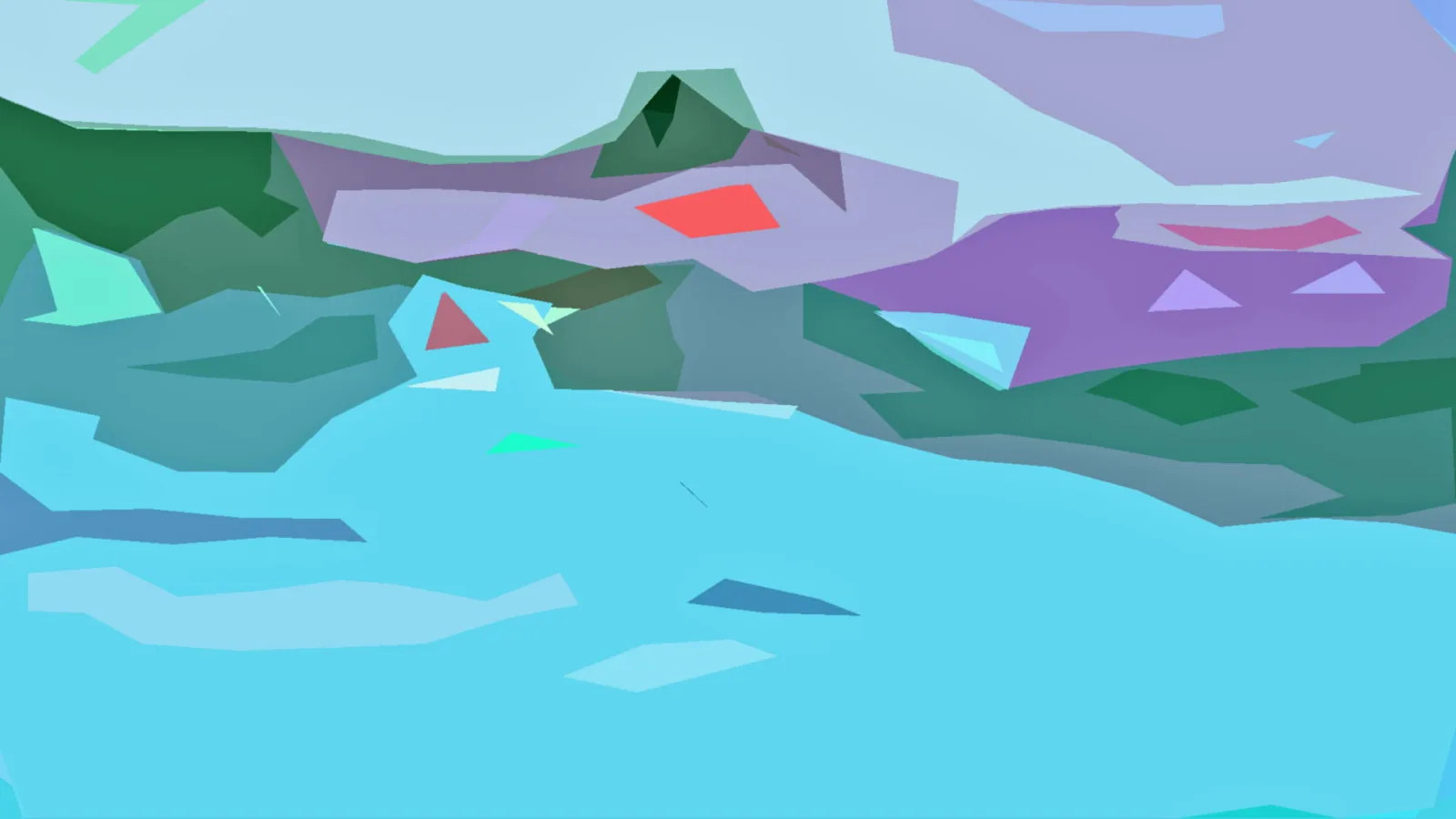 Abstrakte Landschaft aus flächigen Polygonen in Türkis, Lila und Grün, mit roten Akzenten.