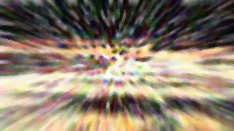 Abstrakte Komposition aus radial von einem hellen Zentrum ausstrahlenden Farbstreifen in Rosa, Gelb, Grün und Dunkelblau, mosaikartig gepixelt.
