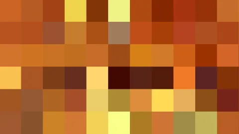 Mosaik aus quadratischen Pixelblöcken in Orange, Ocker, Braun und Gelb, mit dunkelbraunen Feldern im mittleren Bereich.