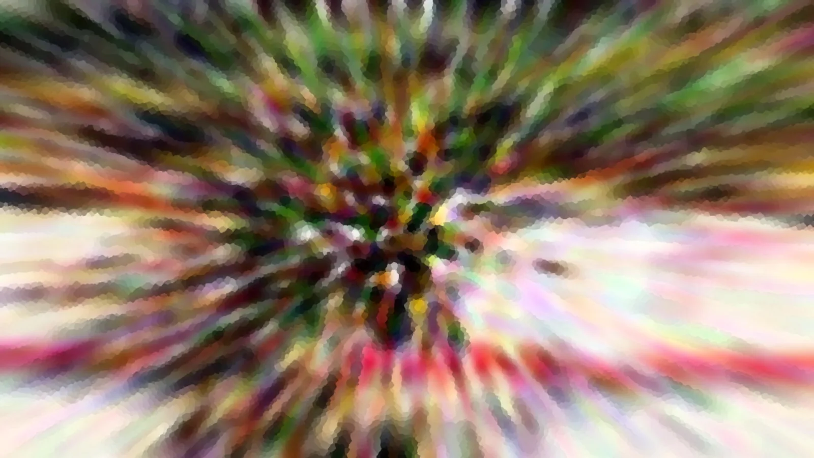 Abstrakte Komposition aus bunten Farbstrahlen, die von einem dunklen grünen Zentrum radial nach außen laufen, mit pixeligen Übergängen in Grün, Rot, Rosa und Weiß.