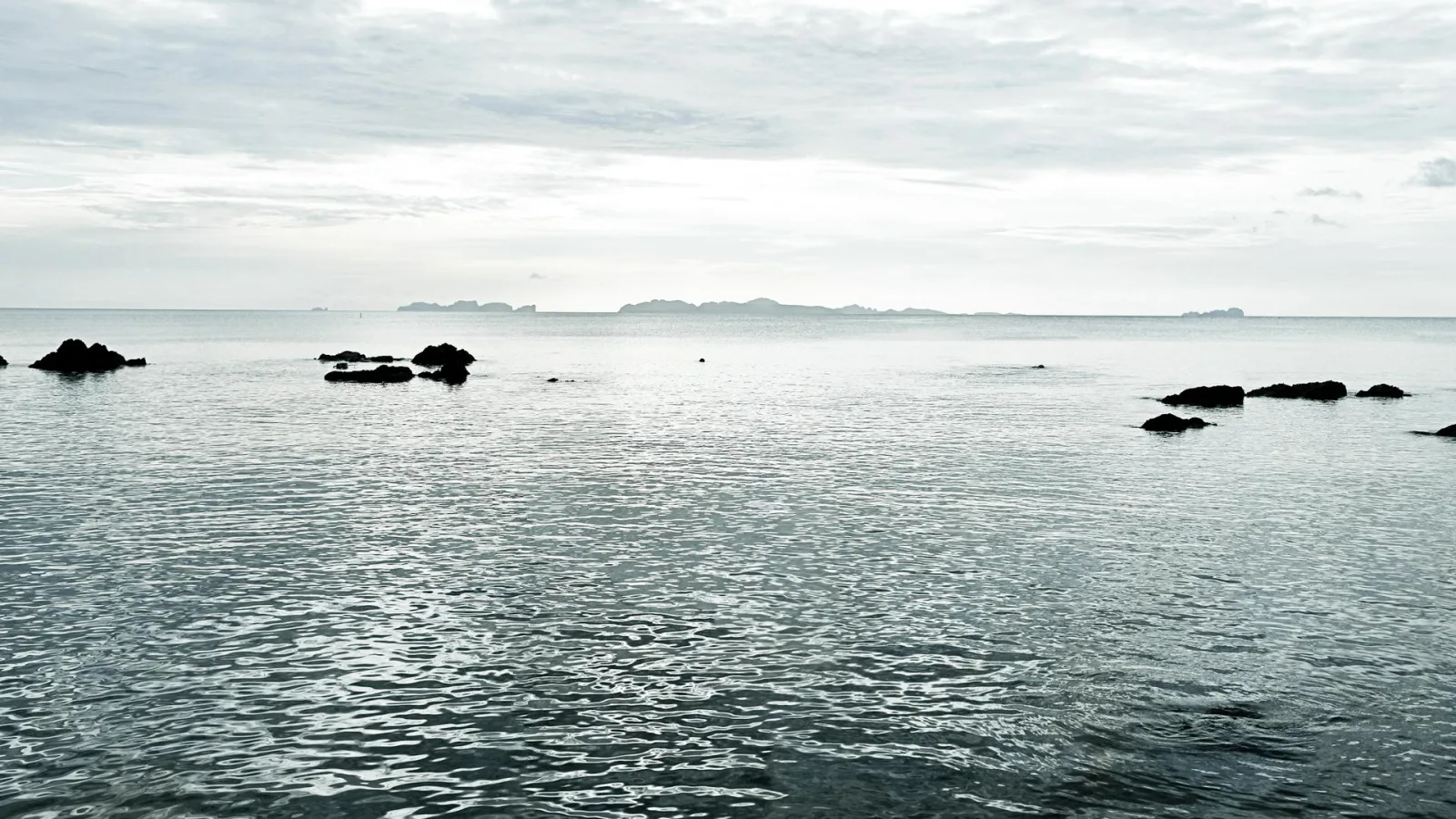 Ruhige graue See mit dunklen Felsen im Wasser, am Horizont sind flache Inseln zu sehen, der Himmel ist bedeckt.