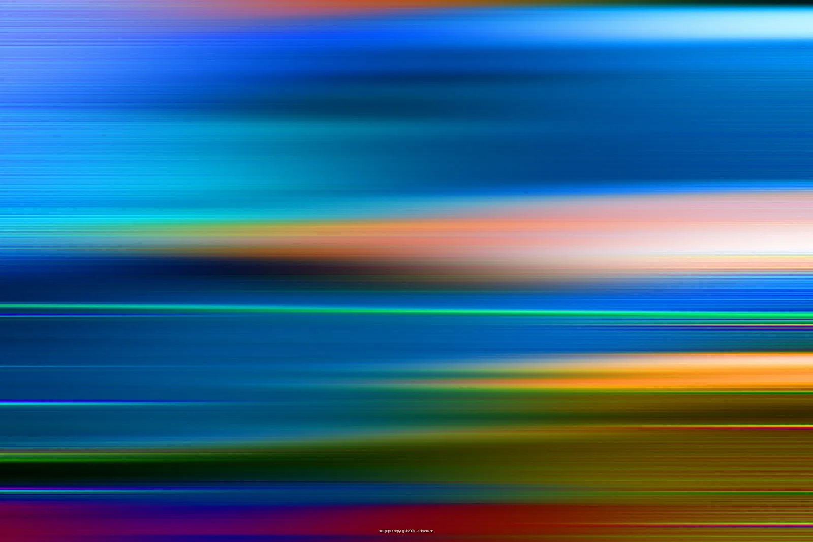 Horizontal verwischte Streifen in Blau, Orange und Grün, dazwischen helle Akzente.