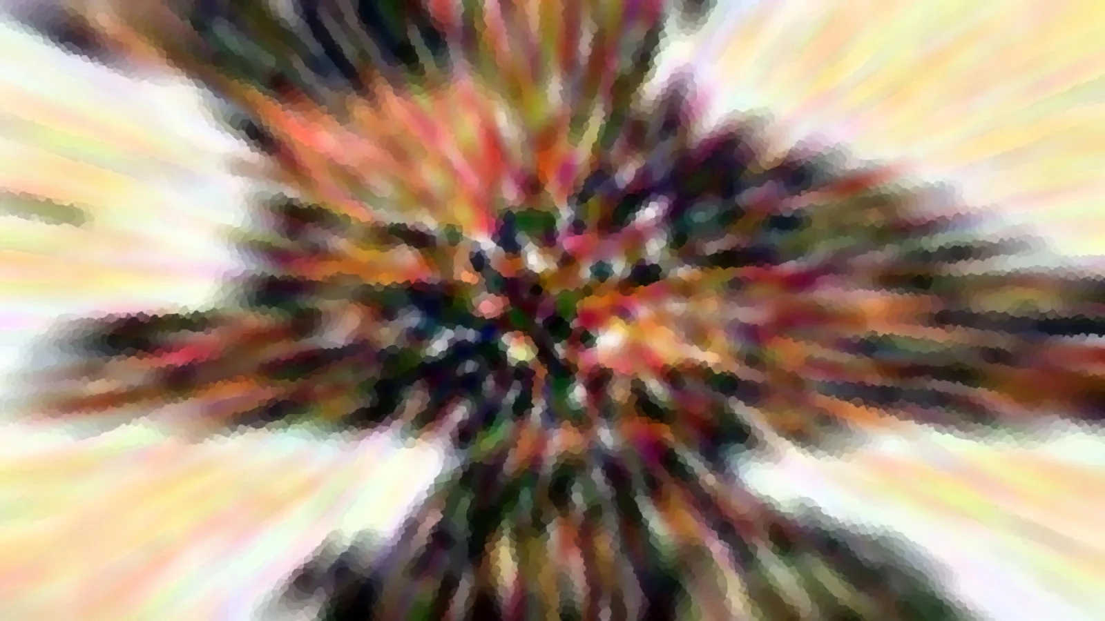 Abstraktes Bild mit radial verlaufenden, verwischten Farbstreifen in Rot, Grün, Gelb und Weiß, im Zentrum dunkler.