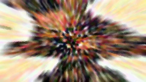 Abstraktes Bild mit radial verlaufenden, verwischten Farbstreifen in Rot, Grün, Gelb und Weiß, im Zentrum dunkler.