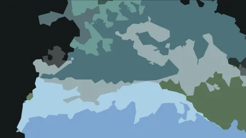 Abstraktes Bild aus unregelmäßigen Flächen in Petrol, Grau, Hellblau und Olivgrün, am linken und oberen Rand schwarz.