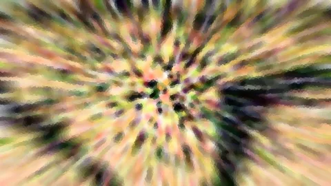Abstrakte Komposition aus gelben, grünen und rosafarbenen Farbstreifen, die radial von einem dunklen Zentrum nach außen laufen, mosaikartig verpixelt.