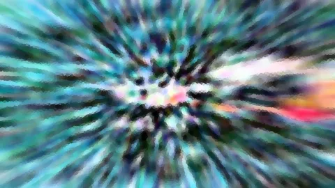 Abstrakte Komposition mit radialen Streifen, die von einem hellen Zentrum nach außen laufen; dominierende Farben sind Türkis, Grün und Weiß, am rechten Rand glühen Orange und Rot.