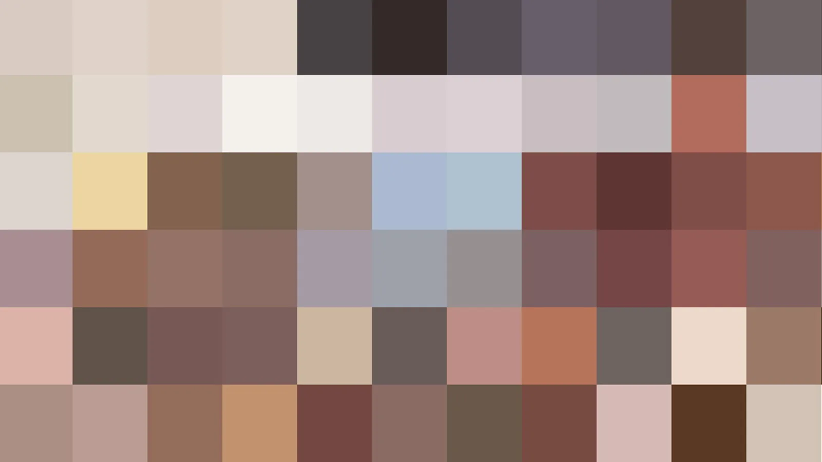 Mosaik aus quadratischen Farbfeldern in Braun, Beige, Rosa, Grau und Blaugrau, in sechs Reihen angeordnet.