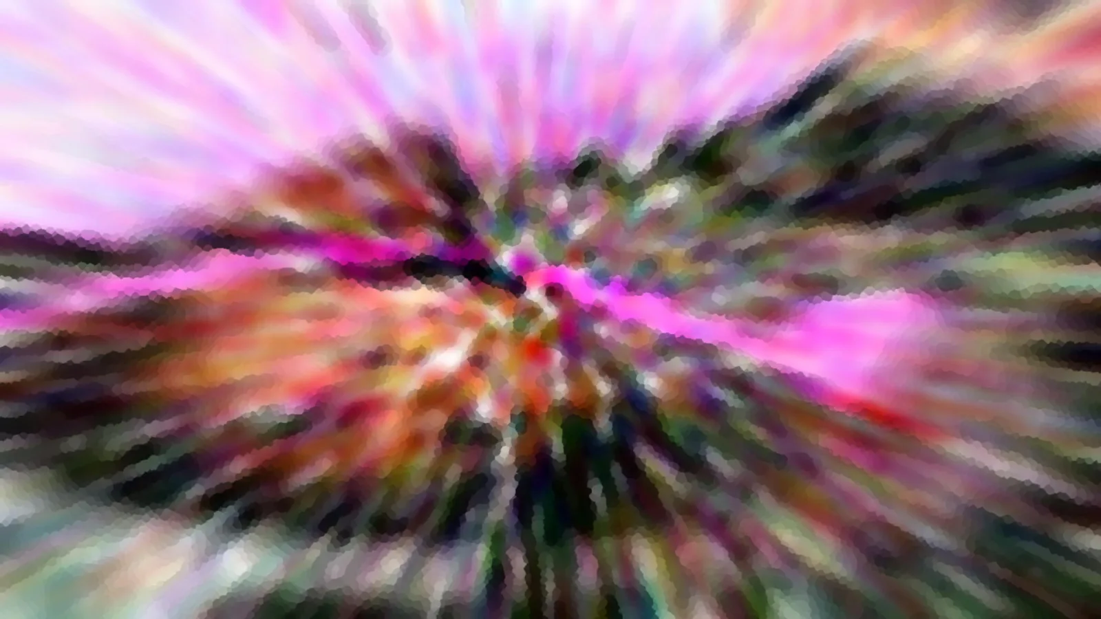 Abstrakte Komposition aus pinken, grünen und orangefarbenen Farbstreifen, die von einem hellen Zentrum radial nach außen laufen.