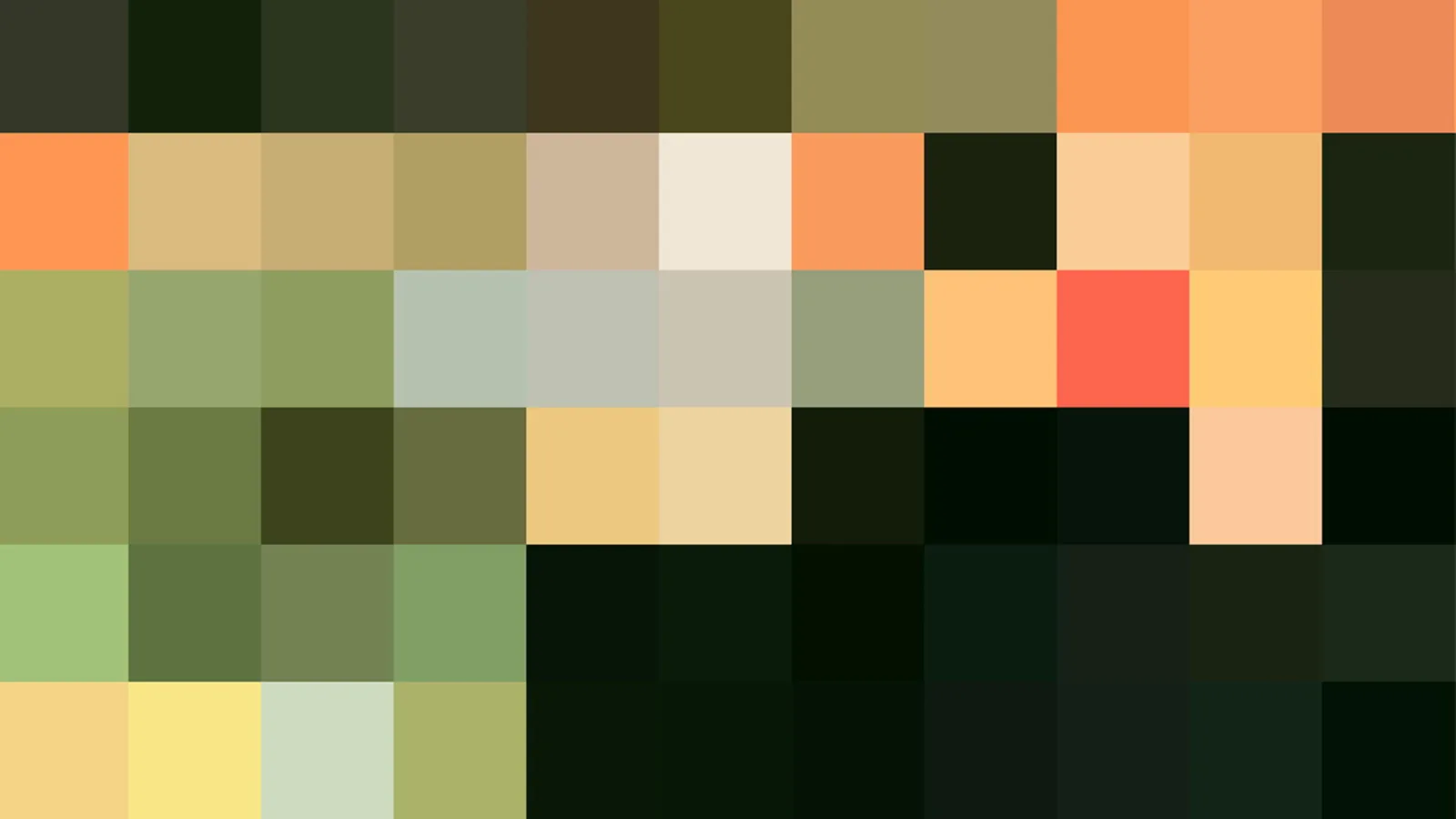 Mosaik aus quadratischen Farbfeldern in Olivgrün, Dunkelgrün, Orange, Beige und Hellgelb