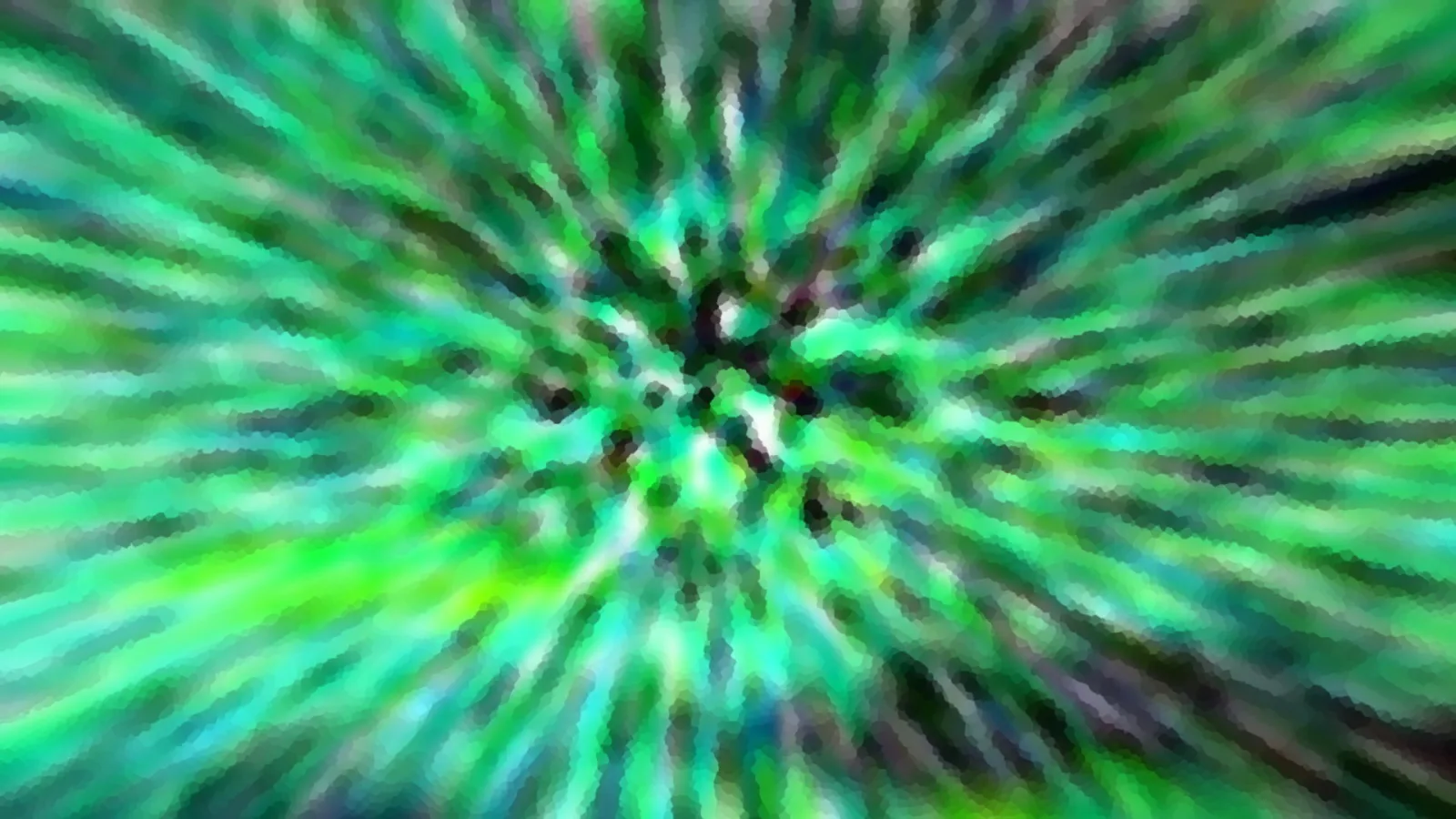 Abstrakter Strahlenwirbel in Grün und Schwarz, von der Mitte nach außen verwischt, mit pixeligen Flecken im Zentrum.