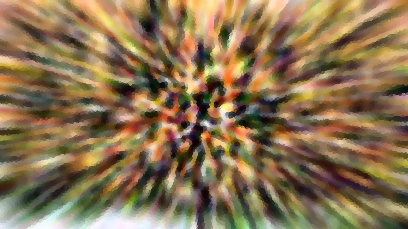 Abstraktes Bild mit bunten, strahlenförmig von der Mitte nach außen verlaufenden Streifen und einer mosaikartigen Pixelstruktur.